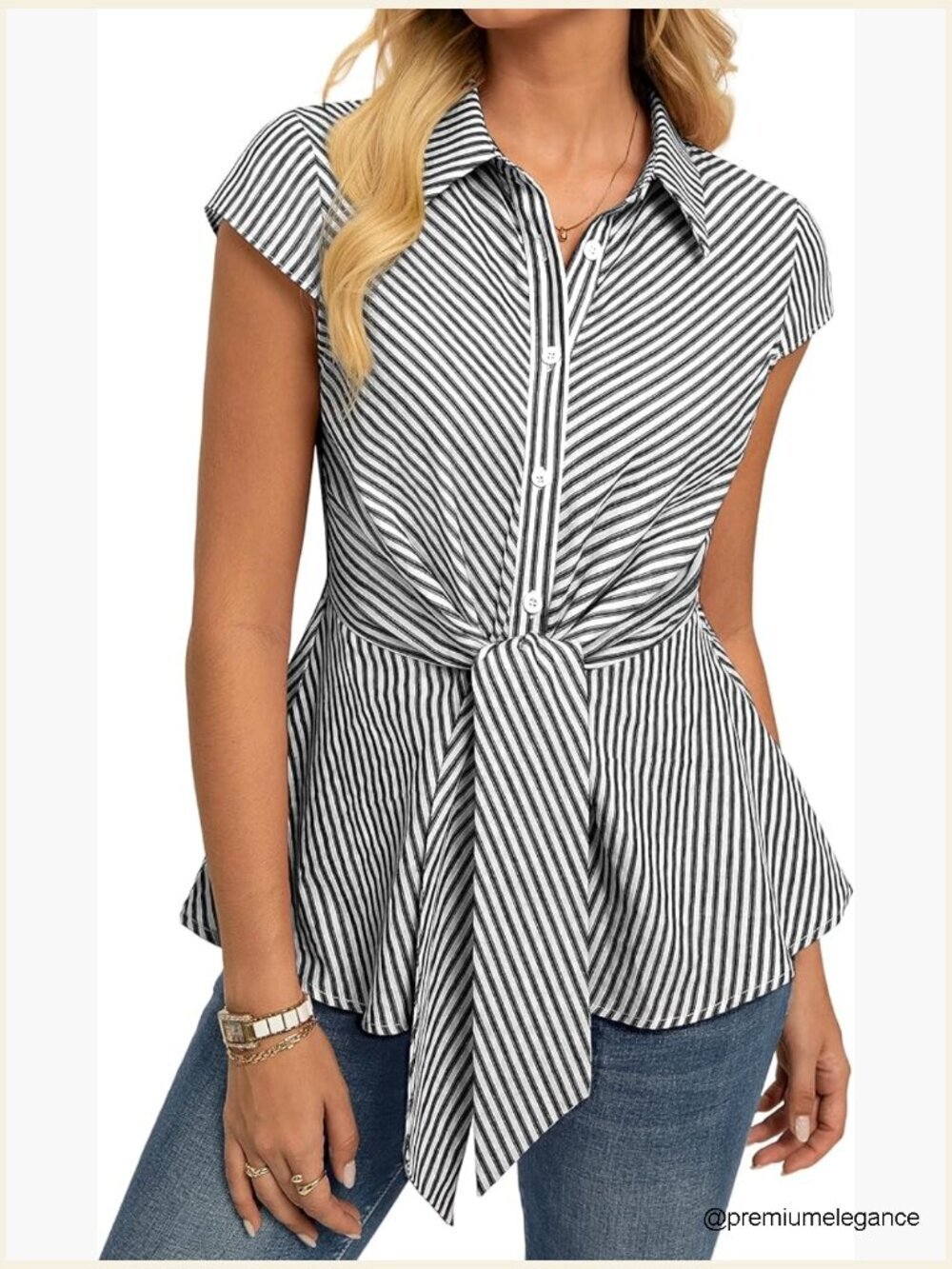 Striped Button Down Peplum Top Short Sleeve Business Casual